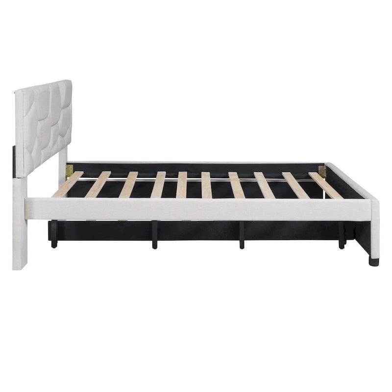Letto imbottito a piattaforma Full Size con testiera a motivi di mattoni e letto estraibile Twin Size, tessuto di lino, beige