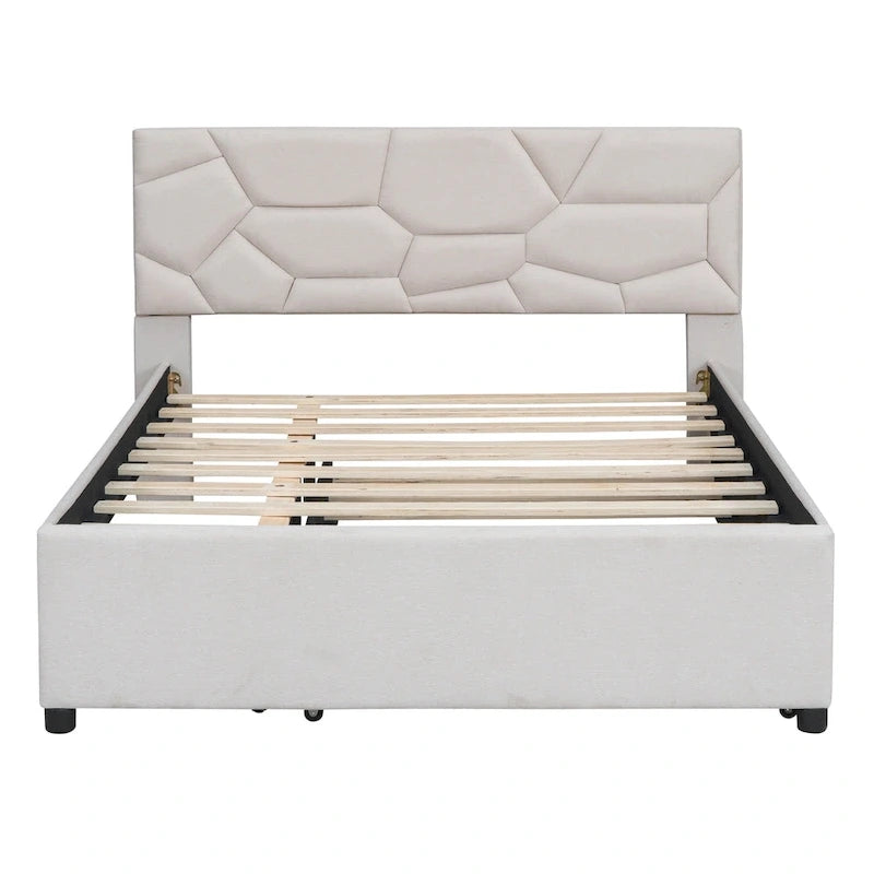 Letto imbottito a piattaforma Full Size con testiera a motivi di mattoni e letto estraibile Twin Size, tessuto di lino, beige
