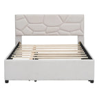 Letto imbottito a piattaforma Full Size con testiera a motivi di mattoni e letto estraibile Twin Size, tessuto di lino, beige