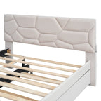 Letto imbottito a piattaforma Full Size con testiera a motivi di mattoni e letto estraibile Twin Size, tessuto di lino, beige