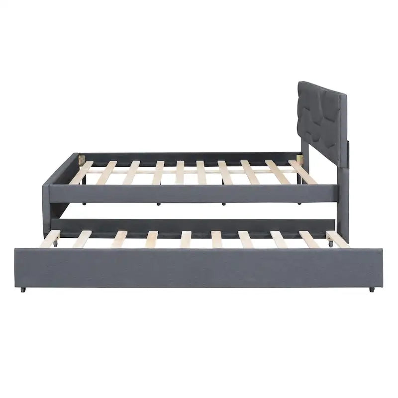 Letto imbottito a piattaforma Full Size con testiera a motivi di mattoni e letto estraibile Twin Size, tessuto di lino, beige