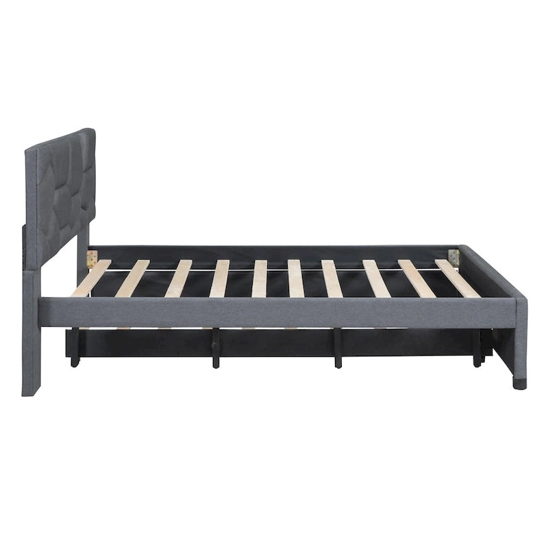 Letto imbottito a piattaforma Full Size con testiera a motivi di mattoni e letto estraibile Twin Size, tessuto di lino, beige