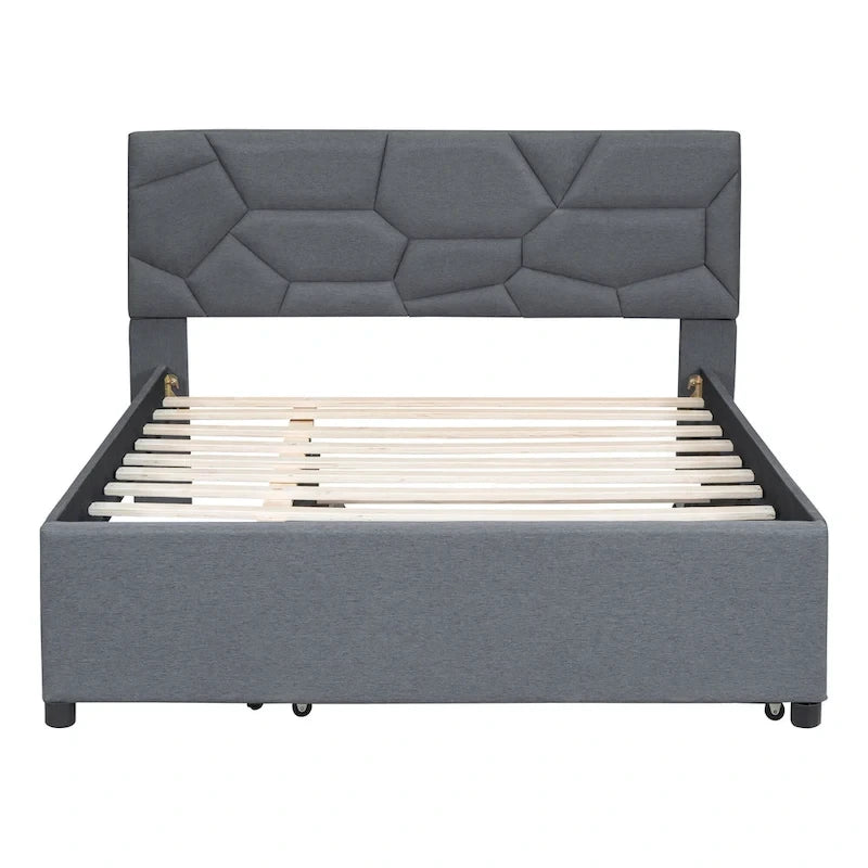 Letto imbottito a piattaforma Full Size con testiera a motivi di mattoni e letto estraibile Twin Size, tessuto di lino, beige
