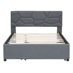 Letto imbottito a piattaforma Full Size con testiera a motivi di mattoni e letto estraibile Twin Size, tessuto di lino, beige