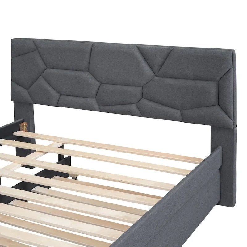 Letto imbottito a piattaforma Full Size con testiera a motivi di mattoni e letto estraibile Twin Size, tessuto di lino, beige