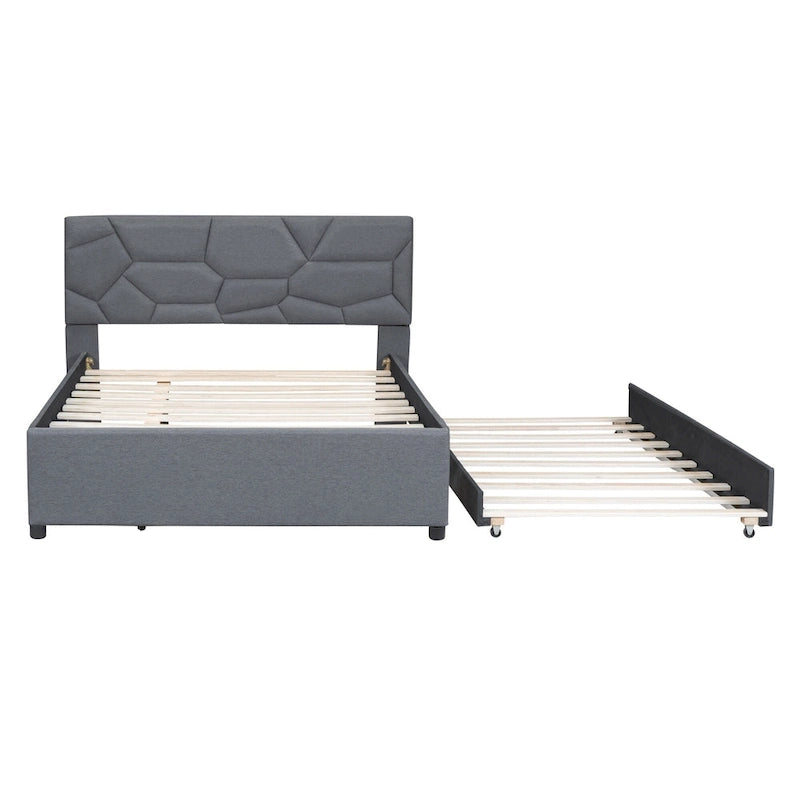 Letto imbottito a piattaforma Full Size con testiera a motivi di mattoni e letto estraibile Twin Size, tessuto di lino, beige