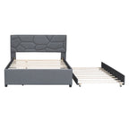 Letto imbottito a piattaforma Full Size con testiera a motivi di mattoni e letto estraibile Twin Size, tessuto di lino, beige