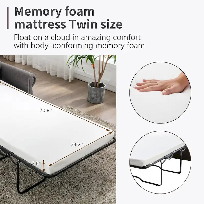 Divanetto a due posti estraibile con materasso memory foam singolo, divano letto convertibile