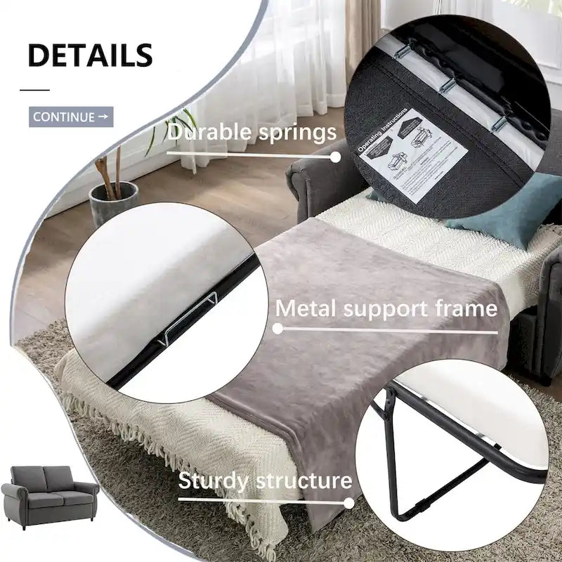 Divanetto a due posti estraibile con materasso memory foam singolo, divano letto convertibile