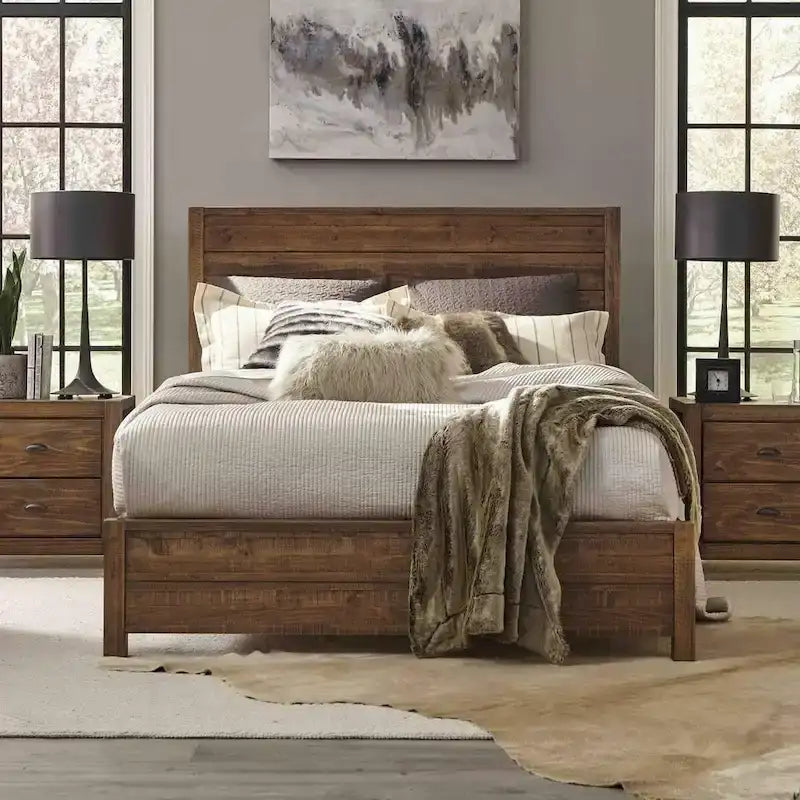 Letto a piattaforma matrimoniale in pino massello, finitura noce, struttura letto in stile rustico
