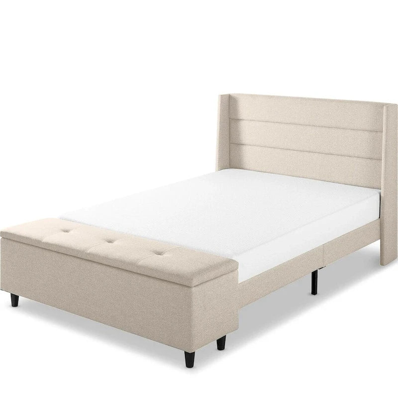 Letto a piattaforma imbottito beige con pouf contenitore, tessuto in lino, Queen Size