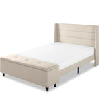 Letto a piattaforma imbottito beige con pouf contenitore, tessuto in lino, Queen Size
