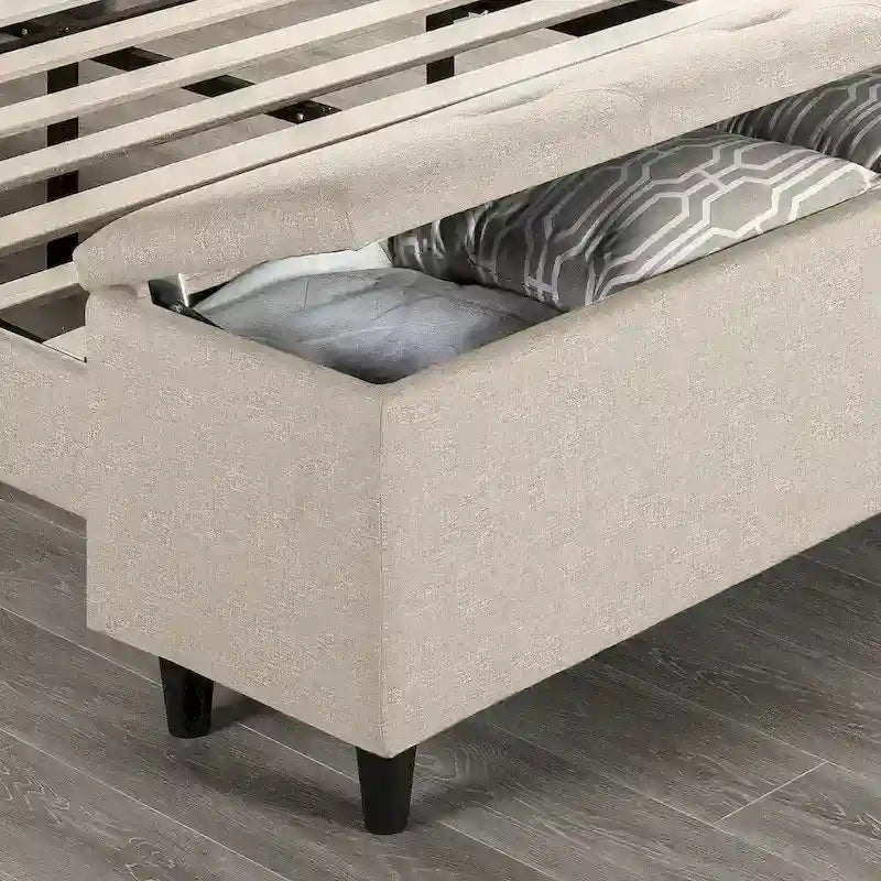 Letto a piattaforma imbottito beige con pouf contenitore, tessuto in lino, Queen Size