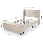 Letto a piattaforma imbottito beige con pouf contenitore, tessuto in lino, Queen Size