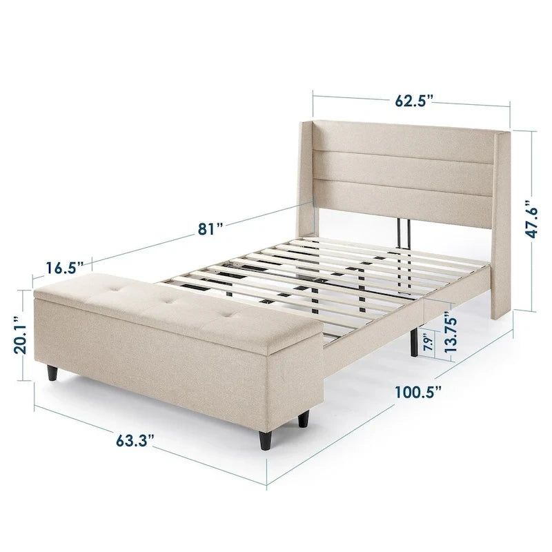 Letto a piattaforma imbottito beige con pouf contenitore, tessuto in lino, Queen Size
