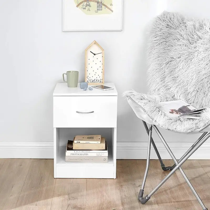 Tavolino standard con contenitore, Mobiletto per dormitorio, Comodino compatto con ripiano