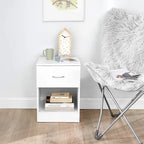 Tavolino standard con contenitore, Mobiletto per dormitorio, Comodino compatto con ripiano