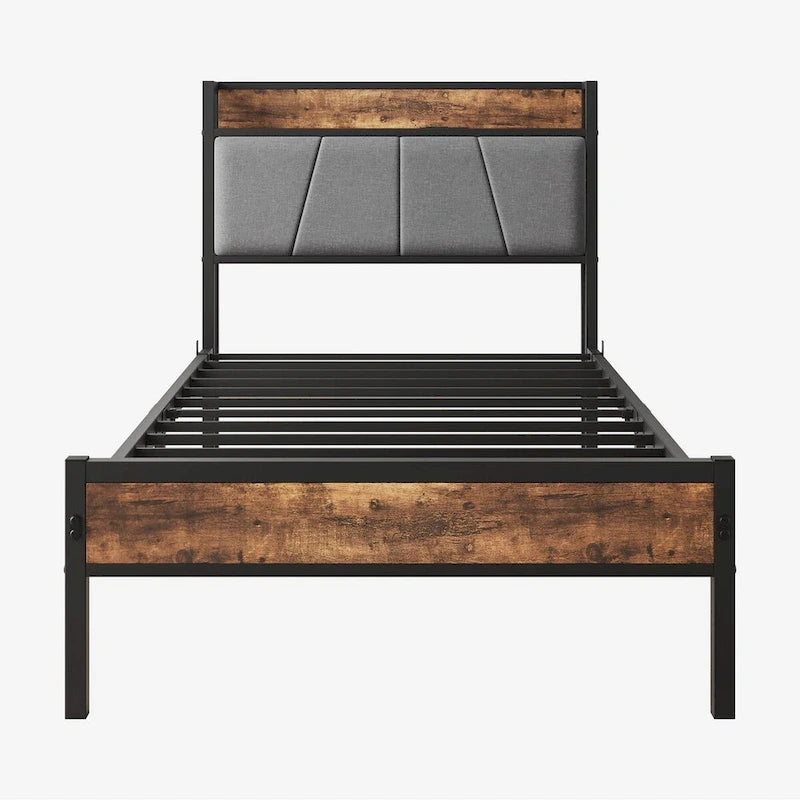 Twin Size Bed Frame, Storage Headboard with Charging Station, No Box Spring Needed