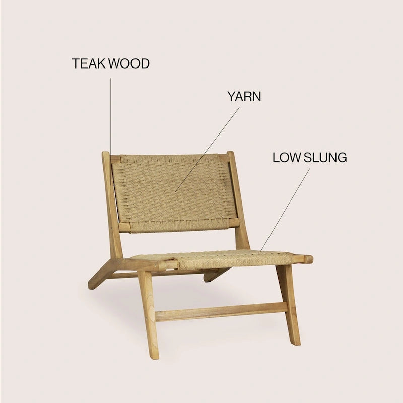 Poltrona lounge senza braccioli in giunco marino intrecciato stile Mid-Century Modern, struttura in legno massello, stile naturale