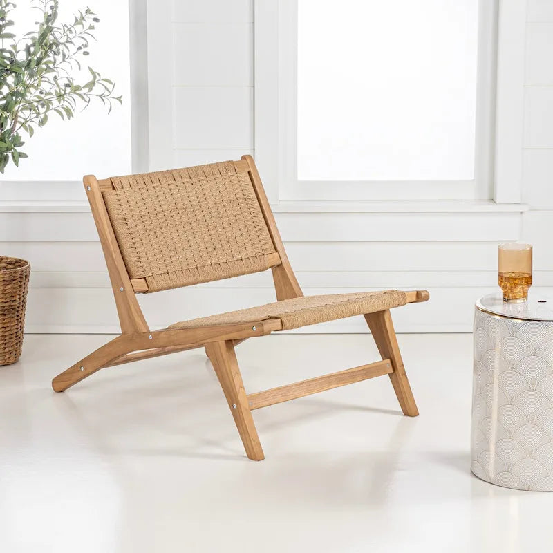 Poltrona lounge senza braccioli in giunco marino intrecciato stile Mid-Century Modern, struttura in legno massello, stile naturale