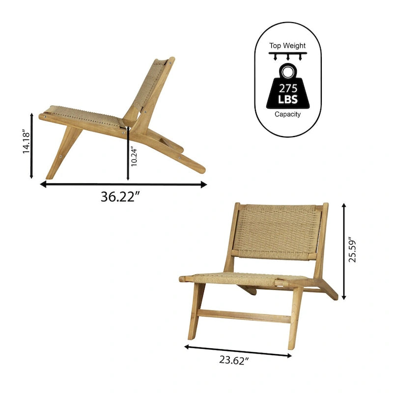 Poltrona lounge senza braccioli in giunco marino intrecciato stile Mid-Century Modern, struttura in legno massello, stile naturale