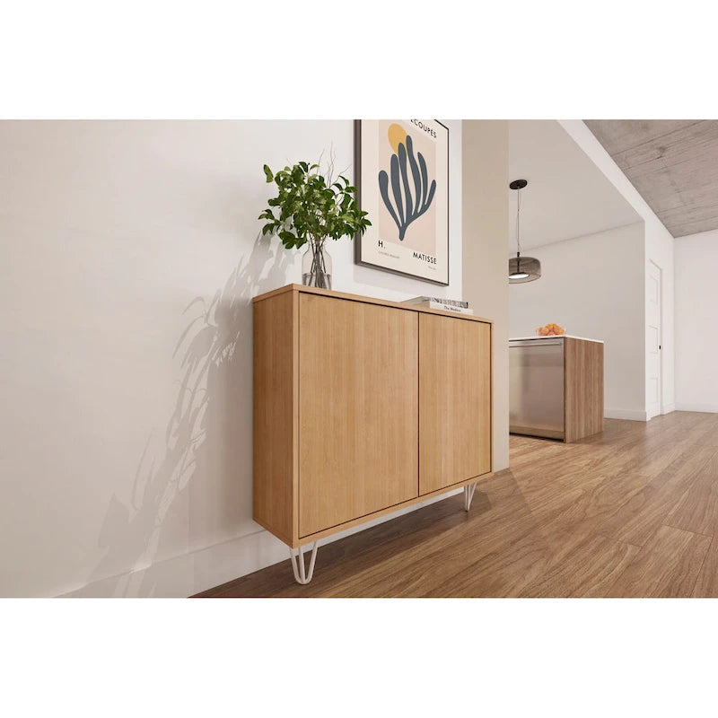 Mobiletto sottile a 2 ante, finitura moderna in legno, design salvaspazio