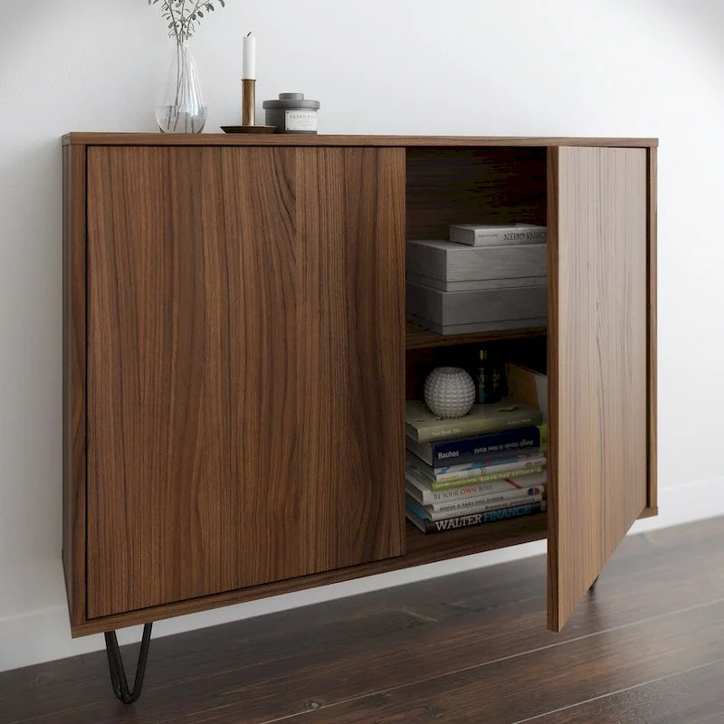 Mobiletto sottile a 2 ante, finitura moderna in legno, design salvaspazio