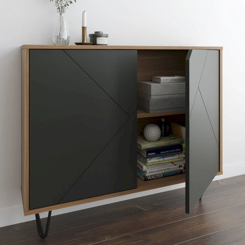 Mobiletto sottile a 2 ante, finitura moderna in legno, design salvaspazio
