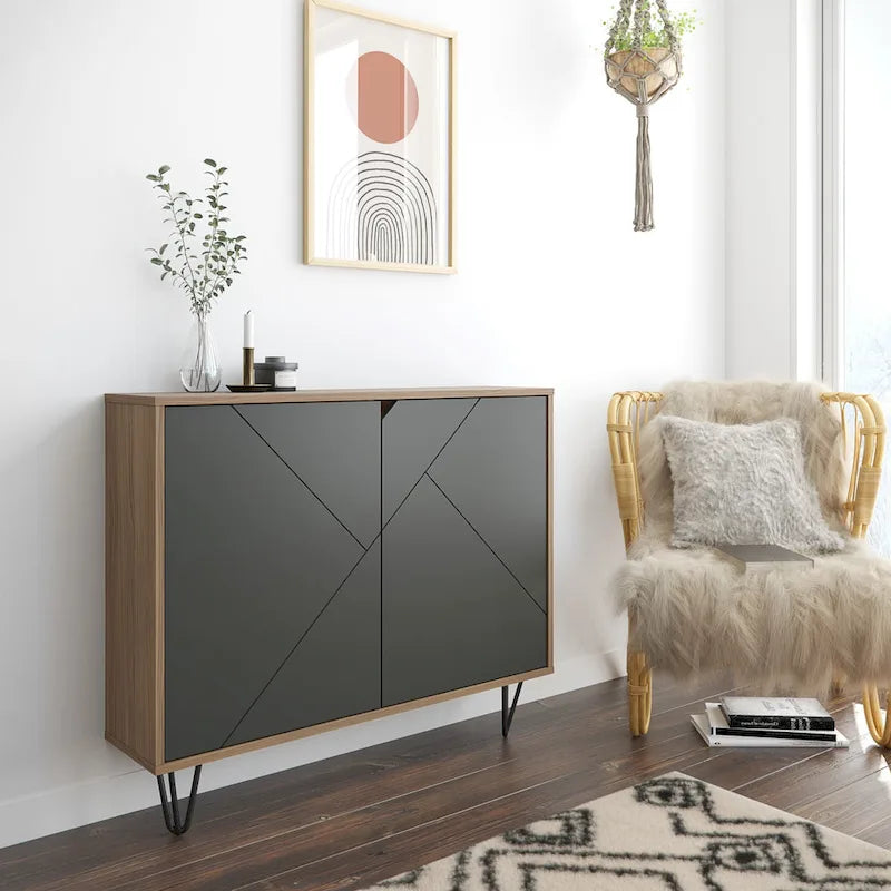 Mobiletto sottile a 2 ante, finitura moderna in legno, design salvaspazio