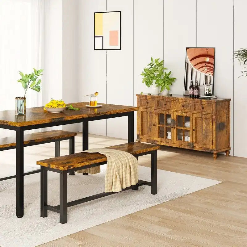 Panchina da pranzo stile industriale set da 2, legno massello e struttura in metallo per ingresso