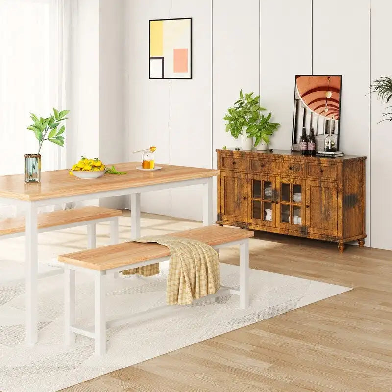Panchina da pranzo stile industriale set da 2, legno massello e struttura in metallo per ingresso