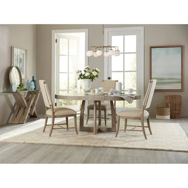Tavolo da pranzo rotondo allungabile da 122 a 168 cm, stile contemporaneo in legno massello