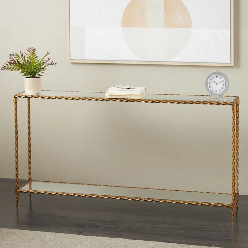 Console dorata a corda intrecciata con ripiano in vetro a specchio e 1 ripiano aperto